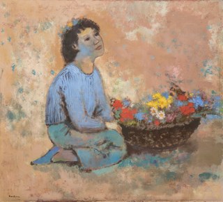 Josef Kuchen, Mädchen mit Blumenschale, Tempara auf Leinwand
