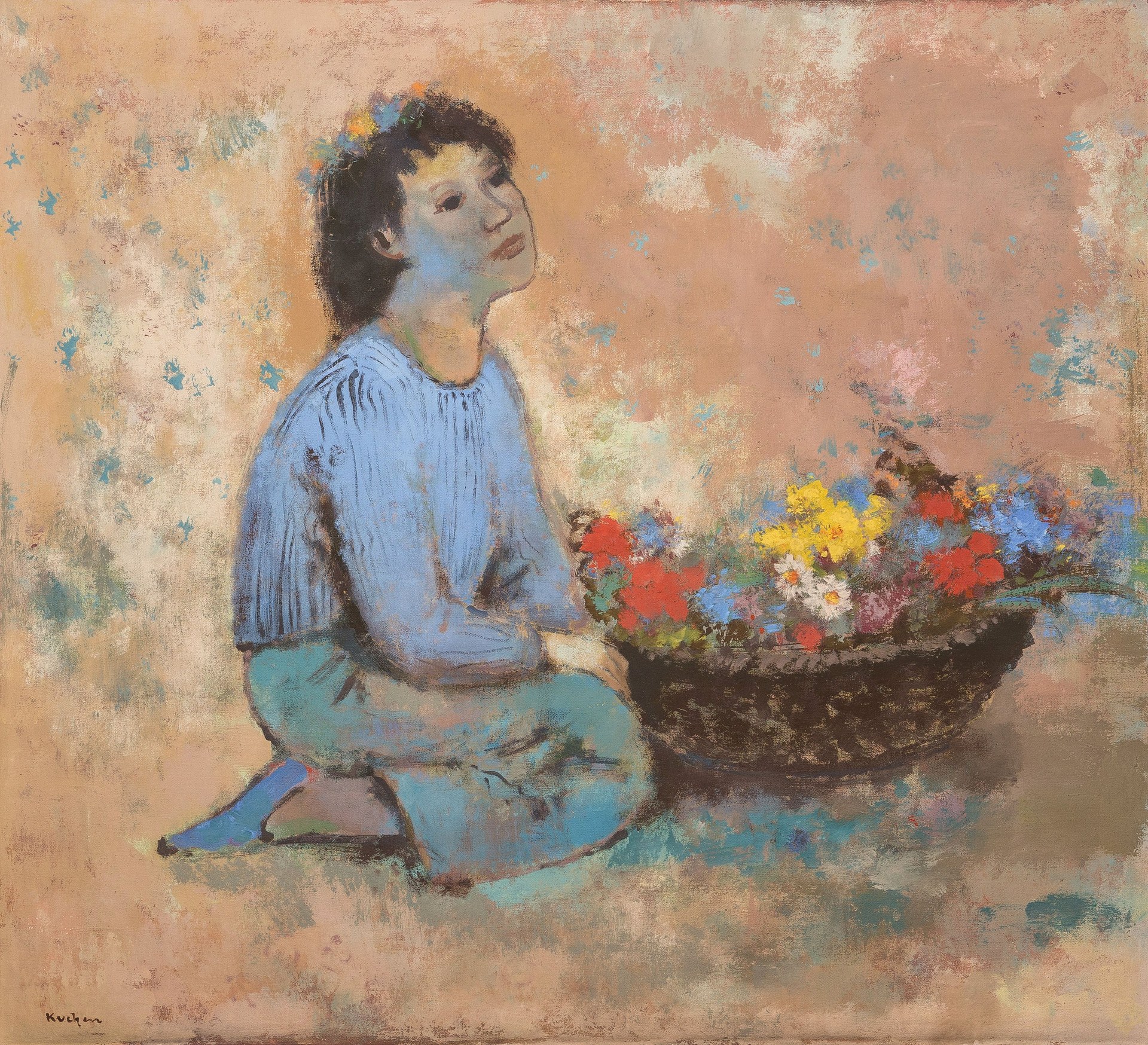Josef Kuchen, Mädchen mit Blumenschale, Tempara auf Leinwand