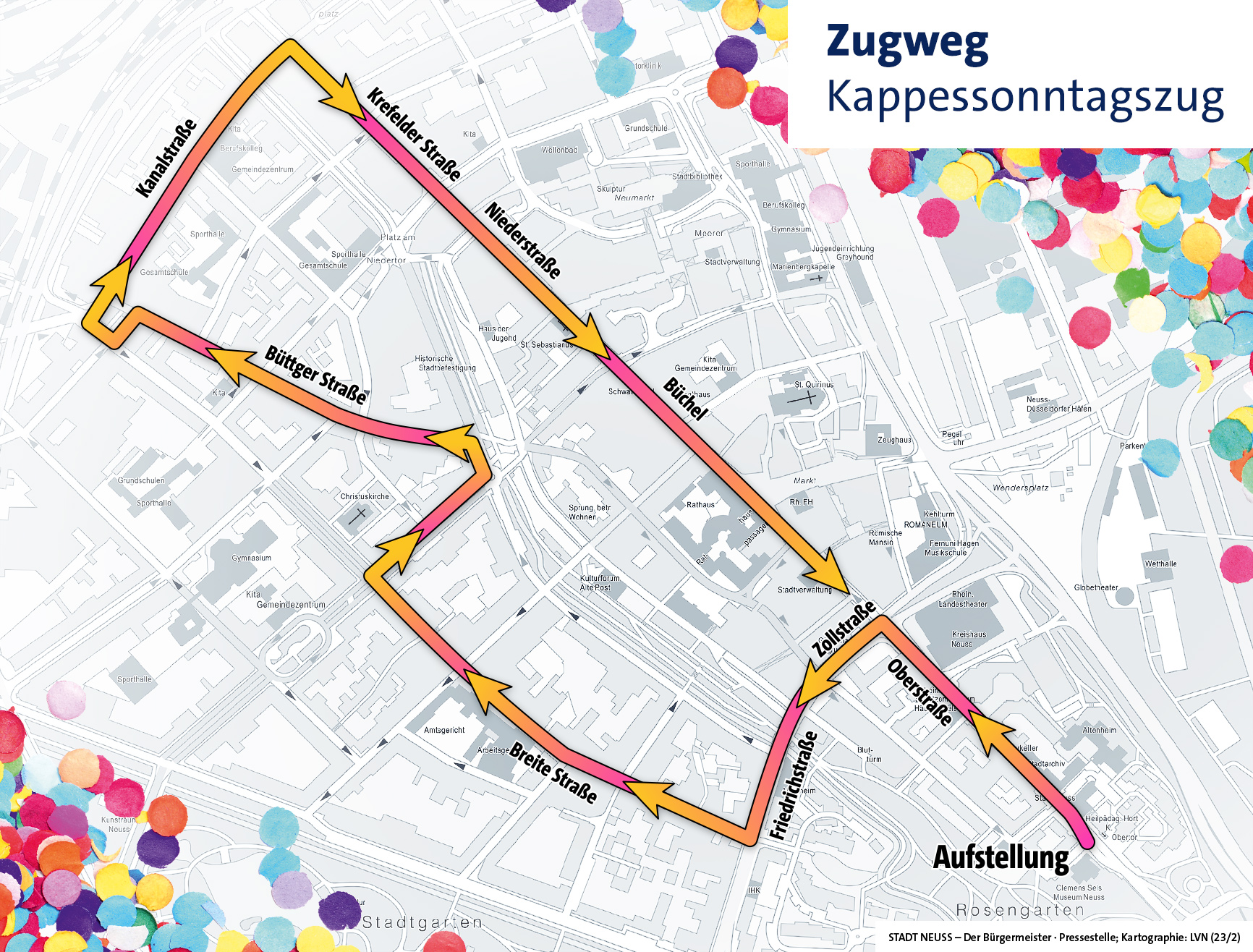 Karte mit der Zugstrecke es Kappessonntagszugs: Aufstellort ist die Oberstraße und Augustinusstraße im Bereich zwischen Zollstraße und Stresemannallee (vom Kreishaus bis zur Stadthalle). Von dort zieht der Zug über die Zollstraße, Friedrichstraße, Breite Straße und Drususallee („Theaterstraße“) zum Benno-Nußbaum-Platz, geht dann über die Erftstraße, Büttger Straße, Kapitelstraße, Krefelder Straße, Niederstraße und Büchel bis zur Oberstraße.