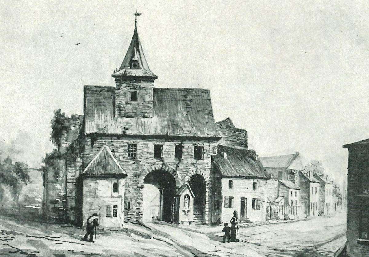 Schwarz-weißes Aquarellgemälde des Gebäudes.