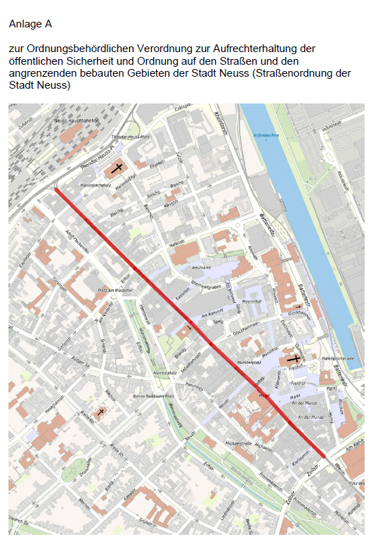 Kartenausschnitt des Neusser Innenstadtgebietes mit einer Markierung des betroffenen Straßenabschnitts