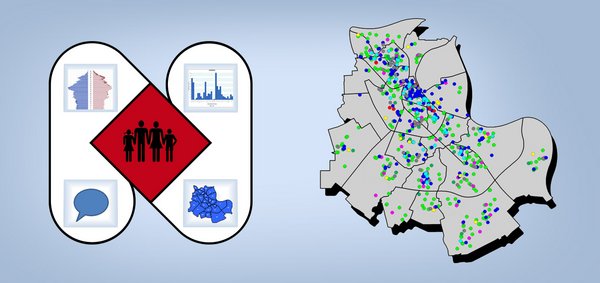 Illustratives Signet der Stadt Neuss mit integrierten Diagrammen, vereinfachte Stadtkarte mit eingezeichneten Datenpunkten
