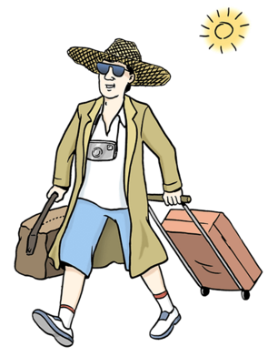 Ein Mann geht mit einem Koffer in den Urlaub.