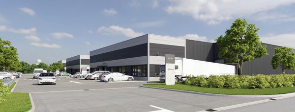 Computerillustration der Einfahrt zum Unternehmerpark mit parkenden Autos