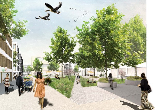 Illustration eines begrünten Innenbereichs im Quartier.