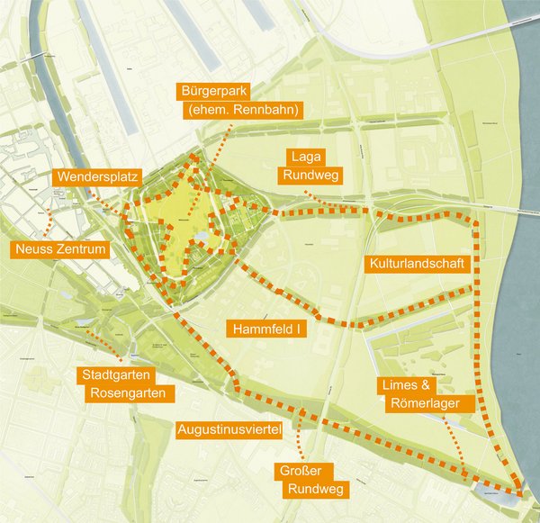 Lageplan des Geländes des Landesgartenschau und der umliegenden Gebiete samt Rundweg und Kulturlandschaft