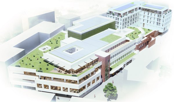 Computerillustration eines modernen mehrstöckigen Gebäudes mit begrünten Dachflächen und großen Fenstern in einer urbanen Umgebung.