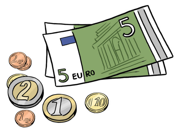 5-Euro-Scheine und Kleingeld.