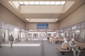 Visualisierung des modernisierten Neusser Hauptbahnhofs mit Blick vom Nebeneingang auf die Wartehalle.