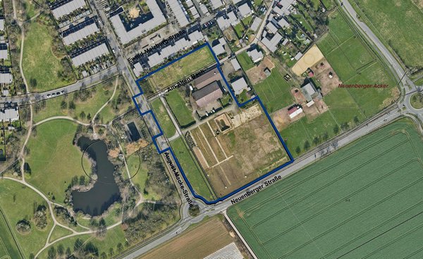 Luftaufnahme des Areals mit eingezeichneter Begrenzung
