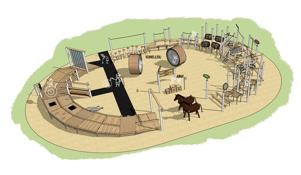 Illustration des zukünftigen Rennbahnspielplatzes – ein abwechslungsreicher Kletter- und Geschicklichkeitsparcours.