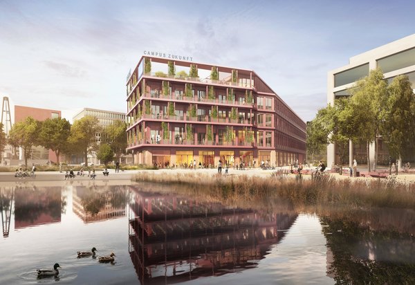 Illustration eines modernen mehrstöckiges Gebäudes mit begrünten Balkonen, welches sich in einem See spiegelt. Oben auf dem Gebäude ist der Schriftzug „Campus Zukunft“ zu sehen.