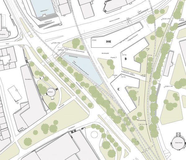Stadtplan mit eingezeichneten Gebäuden, Wegen und Grünflächen