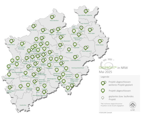 Eine vereinfachte Karte des Landes NRW auf der insbesondere in den Ballungsgebieten zahlreiche Projekte eingezeichnet sind.