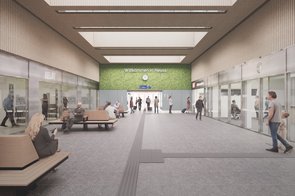 Visualisierung des modernisierten Neusser Hauptbahnhofs mit Blick vom Hauptgang auf die Wartehalle und den Nebeneingang.