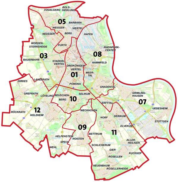 Karte des Neusser Stadtgebiets mit den eingezeichneten Schiedsamtsbezirken, Stand 2025