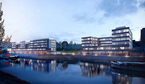 Illustration des neuen Quartiers bei Abenddämmerung.