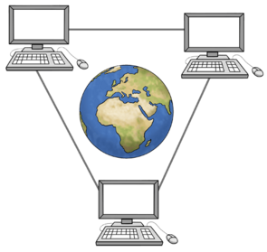3 Computer sind miteinander verbunden, rund um die Welt.
