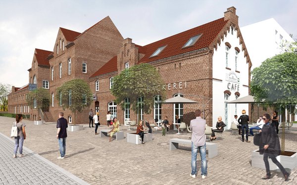 Illustration eines Backsteingebäudes mit der Beschriftung „Bäckerei“.