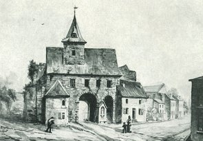 Schwarz-weißes Aquarellgemälde des Gebäudes.