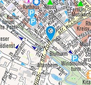 Moderne kartografische Darstellung des Bereichs mit besonders hervorgehobenen Straßennamen.