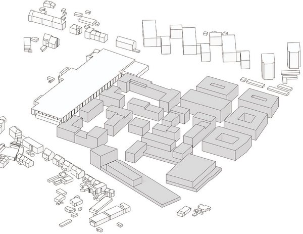 Isometrische, auf Umrisslinien reduzierte Darstellung des neuen Quartiers.