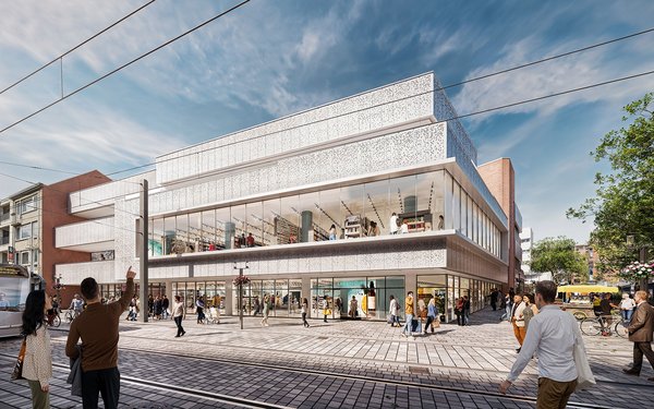 Ansicht des ehemaligen „Kaufhofs“ von der Niederstraße her mit einer helleren Fassade und vergrößerter Glasfront