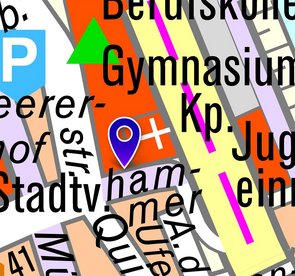 Moderne kartografische Darstellung des Bereichs mit besonders hervorgehobenen Straßennamen.