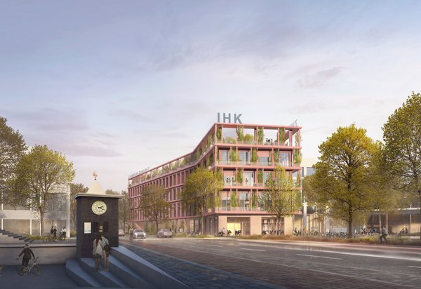 Illustration eines modernen mehrstöckiges Gebäudes mit begrünten Balkonen, von der gegenüberliegenden Straßenseite her gesehen. Oben auf dem Gebäude prangt der Schriftzug „IHK“. Links im Vordergrund sind die Pegeluhr sowie die Treppen am Hafenbecken 1 zu sehen.