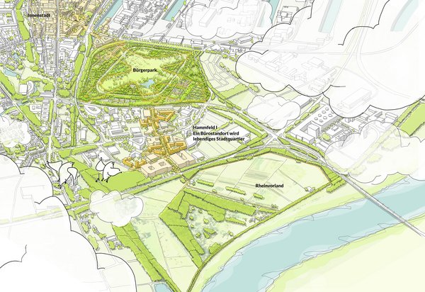 Illustration einer Luftaufnahme des Hammfelds zur Verdeutlichung der Lage in Relation zum Bürgerpark und dem Rheinvorland