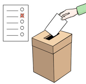 Jemand wirft einen Stimmzettel in eine Wahlurne.