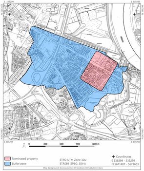 Karte mit eingezeichnetem Kernbereich des Koenenlagers und umschließender Pufferzone