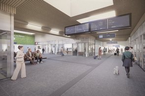 Visualisierung des modernisierten Neusser Hauptbahnhofs mit Blick vom Hauptgang auf die Wartehalle sowie den Weg zum Hintereingang.