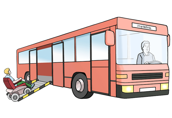 Mann im Rollstuhl fährt in den Bus.