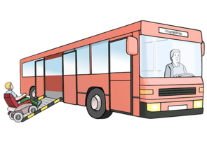 Mann im Rollstuhl fährt in den Bus.