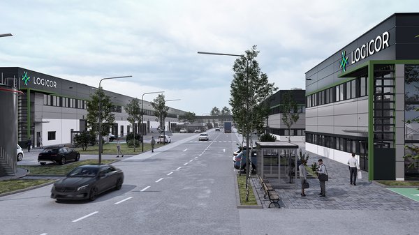 Computerillustration des Gewerbeparks aus etwa vier Metern Höhe.