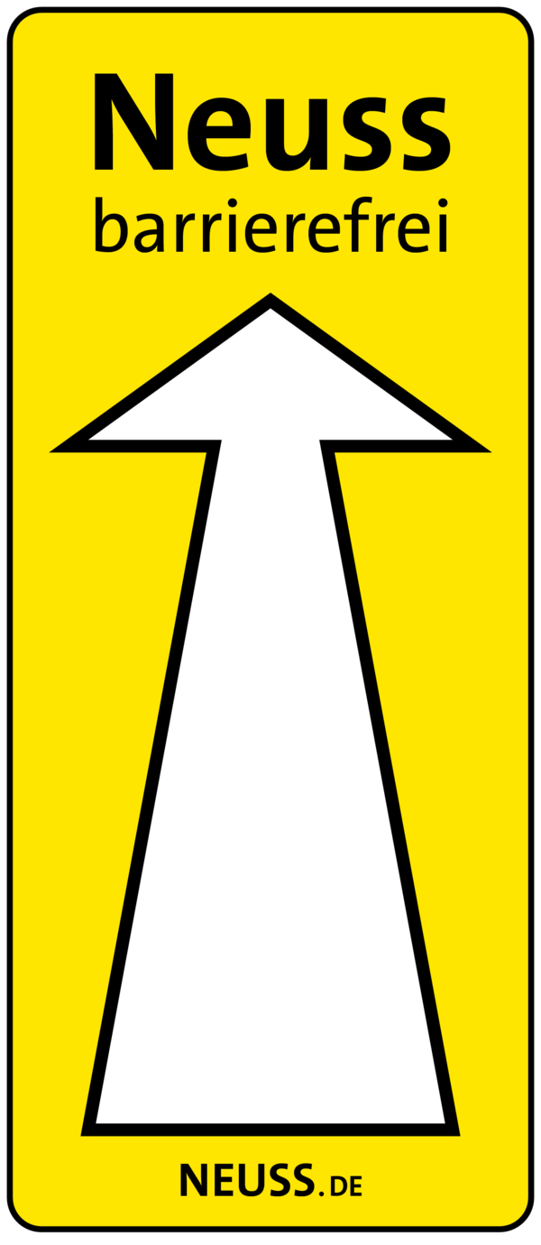 Signet der Aktion „Neuss Barrierefrei“ mit einem weißen, schwarz umrandeten Pfeil auf einer signalgelben Fläche. Der Pfeil zeigt nach oben und darüber steht der Name der Aktion.