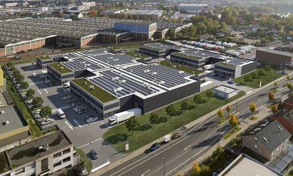 Computerillustrierte Luftaufnahme des Unternehmerparks mit zwei großen Gebäuden, deren Dächer teils begrünt und teils mit Solarpaneelen bedeckt sind.