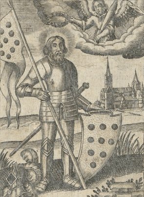 Kupferstich des heiligen Quirinus in mittelalterlicher Rüstung mit Schild und Standarte, auf welchen die neun Punkte zu sehen sind. Im Hintergrund ist das Quirinus-Münster (noch ohne die markante Rundkuppel) zu sehen. Aus dem Himmel streckt ein Engel seinen Arm aus und hält dem Stadtpatron einen Lorbeerkranz übers Haupt.