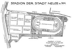 Ein einfache und erkennbar händische Planungszeichnung mit den verschiedenen Bereichen des Stadions im Maßstab 1:2000.