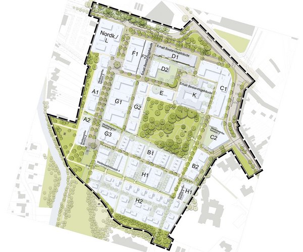Vereinfachte Planzeichnung des Quartiers mit den verschiedenen Baufeldern.