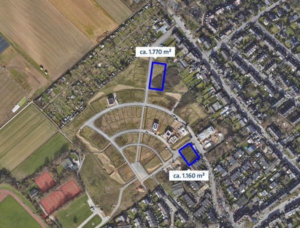 Luftaufnahme des Gebiets mit zwei markierten Gebietsgrenzen und jeweils eingezeichneter Fläche (1.770 m² und 1.160 m²).