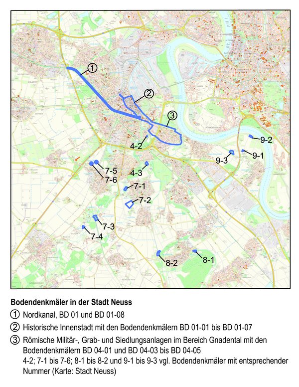 Stadtplan mit eingezeichneten Standorten der Bodendenkmäler in Neuss.