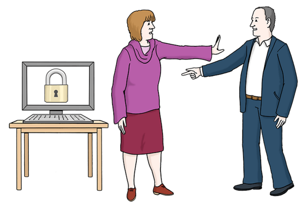 Datenschutz: Eine Frau lässt einen Mann nicht an einen Computer. Auf dem Computer-Bildschirm sieht man ein Schloss. Das bedeutet: Der Inhalt ist geheim. Die Daten sind geschützt.
