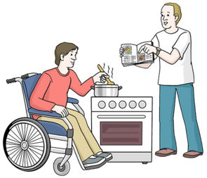Zwei Männer kochen zusammen. Der eine Mann zeigt ein Koch-Buch. Der andere Mann rührt mit einem Löffel in einem Topf. Er sitzt im Rollstuhl.