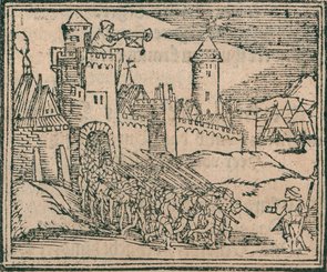 Schwarz-weißer Holzschnitt des Rheintors, mehrere Figuren durchschreiten mit Speeren das Tor.