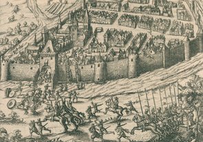 Schwarz-weißer Kupferstich einer dramatischen Belagerungsszene.