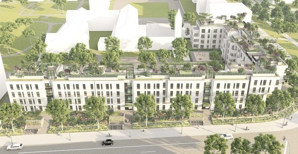 Illustration einer Luftaufnahme eines hellen Wohnblocks mit begrünten Dachterrassen.