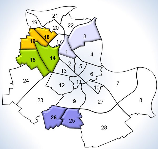 Vereinfachte Stadtkarte der statistischen Bezirke der Stadt Neuss. Die in der Analyse zusammengefassten Bezirke sind hervorgehoben.