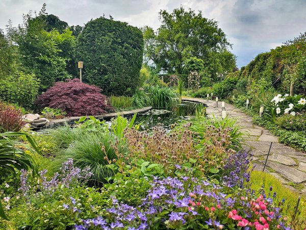 Blick in einen Garten mit Teich und Weg. Das Bild stellt den Siegergarten aus dem Jahr 2025 dar. 